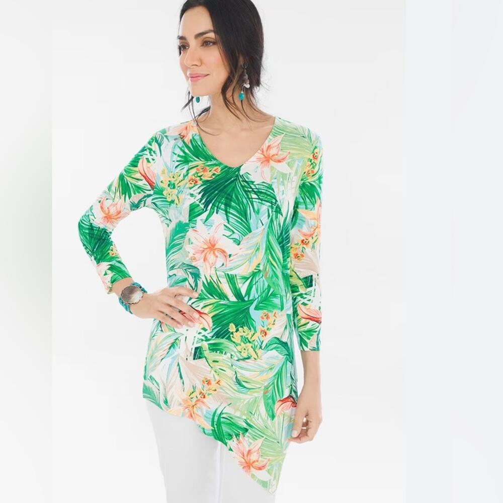 Chicos Hawaiian floral asymmetrical hem blouse size 3 large